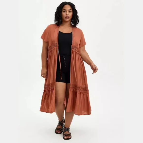 Torrid Duster Length Kimono, Rust, Size 2 - Picture 2 of 9